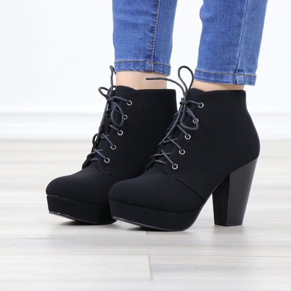 Shoes - Black Nubuck Lace-Up Chunky Block Cone High Heel Ankle Boots